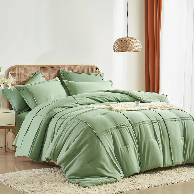 Yogeneg Queen Comforter Set 7 Piece Bed in a Bag,Grid Pinch Pleat Sage Green Bedding Set,Striped Textured Soft Microfiber Comforter with Sheet Set,All Season Complete Bed Set(Sage Green,Queen)