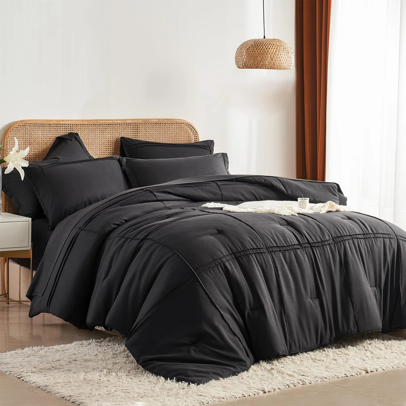 Yogeneg Queen Comforter Set 7 Piece Bed in a Bag,Grid Pinch Pleat Black Bedding Set,Striped Textured Soft Microfiber Comforter with Sheet Set,All Season Complete Bed Set(Black,Queen)