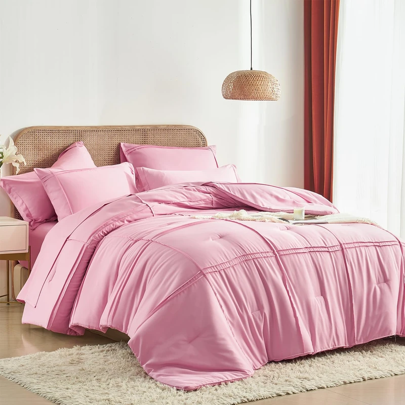 Yogeneg King Size Comforter Set 7 Piece Bed in a Bag,Grid Pinch Pleat Pink Bedding Set,Striped Textured Soft Microfiber Comforter with Sheet Set,All Season Complete Bed Set(Pink,King)