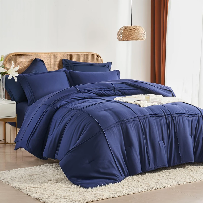 Yogeneg King Size Comforter Set 7 Piece Bed in a Bag,Grid Pinch Pleat Navy Blue Bedding Set,Striped Textured Soft Microfiber Comforter with Sheet Set,All Season Complete Bed Set(Navy Blue,King)