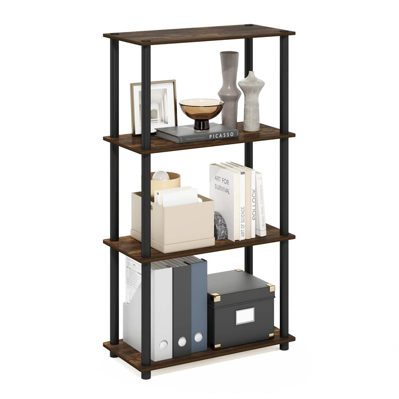 Furinno TURN-N-TUBE Storage Shelves, 4-Tier Toolless Book Shelf, Corner Shelf, Toolless Open Shelves, for Organization and Storage, Living Room, Garage, Home Office, Amber Pine