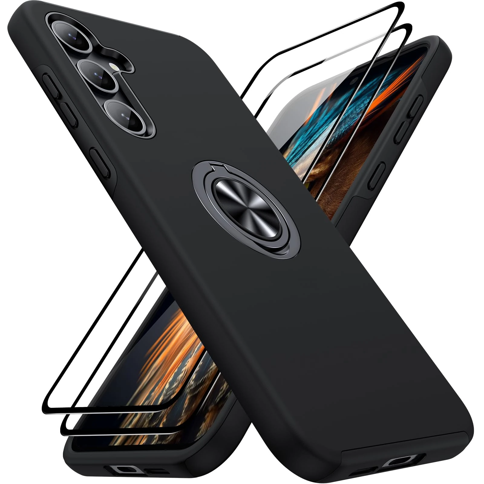 AOUIA for Samsung Galaxy A55 5G Case with 2 Screen Protector, Military Protection Shockproof Samsung A55 5G Phone Case with 360° Rotating Ring Kickstand for Samsung A55, Black