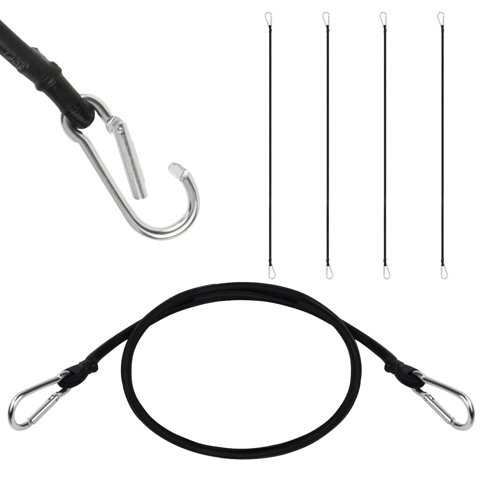 URAQT Bungee Cords with Carabiner Clips 100 CM, 4 Pack Long Heavy Duty Carabiner Bungee Cord, Retractable Straps, with Carabiner Hooks for Roof Racks, Trailers, Camping, Tarps and Travel for All Users