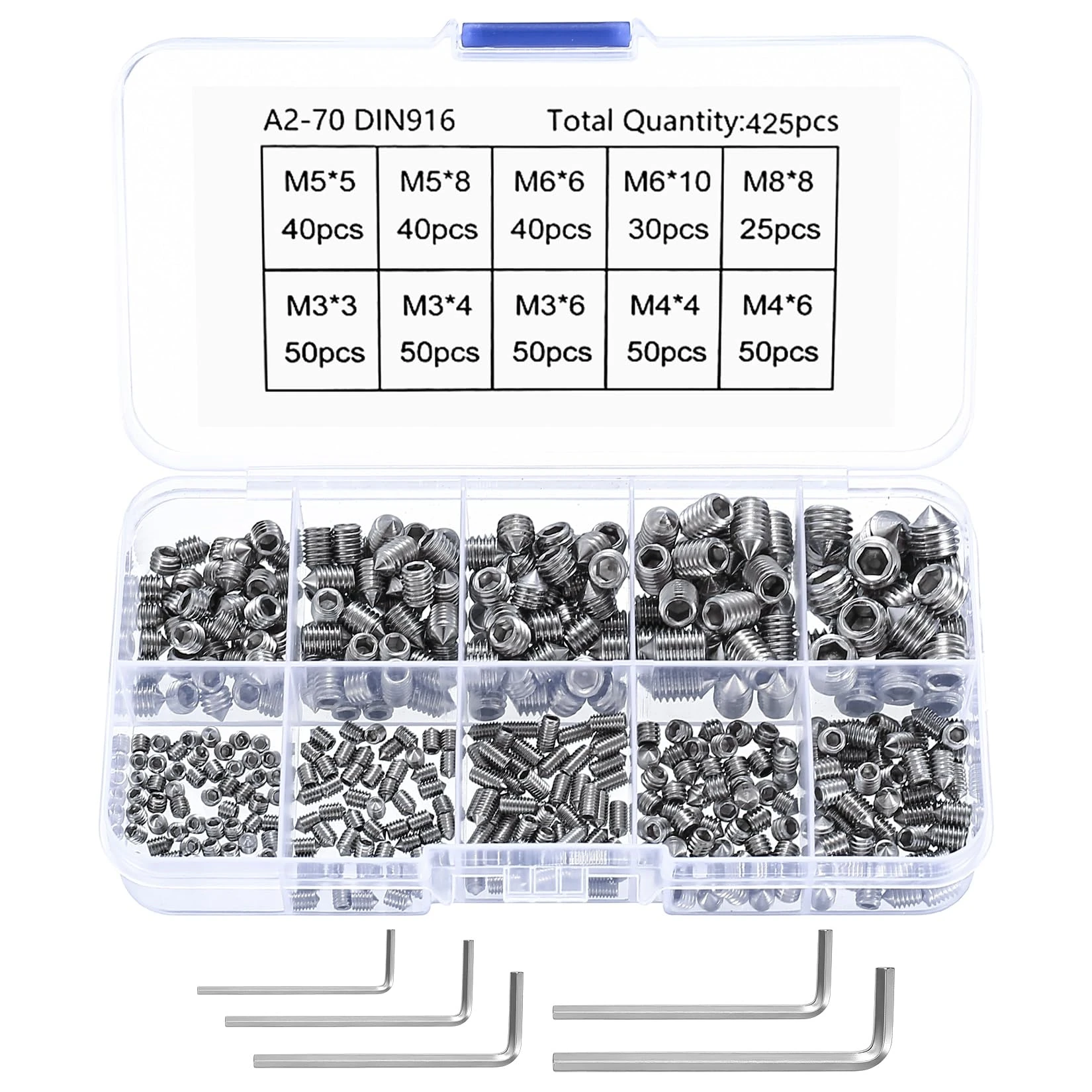 425 pointed screws mixed, Stainless Steel Cone Point Screws, M3 M4 M5 M6 M8 Hex Head Thread Socket Screw Assortment Kits with a Storage Box