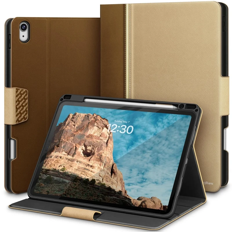 KingBlanc Case for iPad Air 11-inch (M3 2025/M2 2024) 7th/6th Generation, iPad Air 5th/4th Gen (10.9", 2022/2020) with Pencil Holder, PU Leather Smart Cover, Auto Wake/Sleep, Multi-Angle Stand, Beige