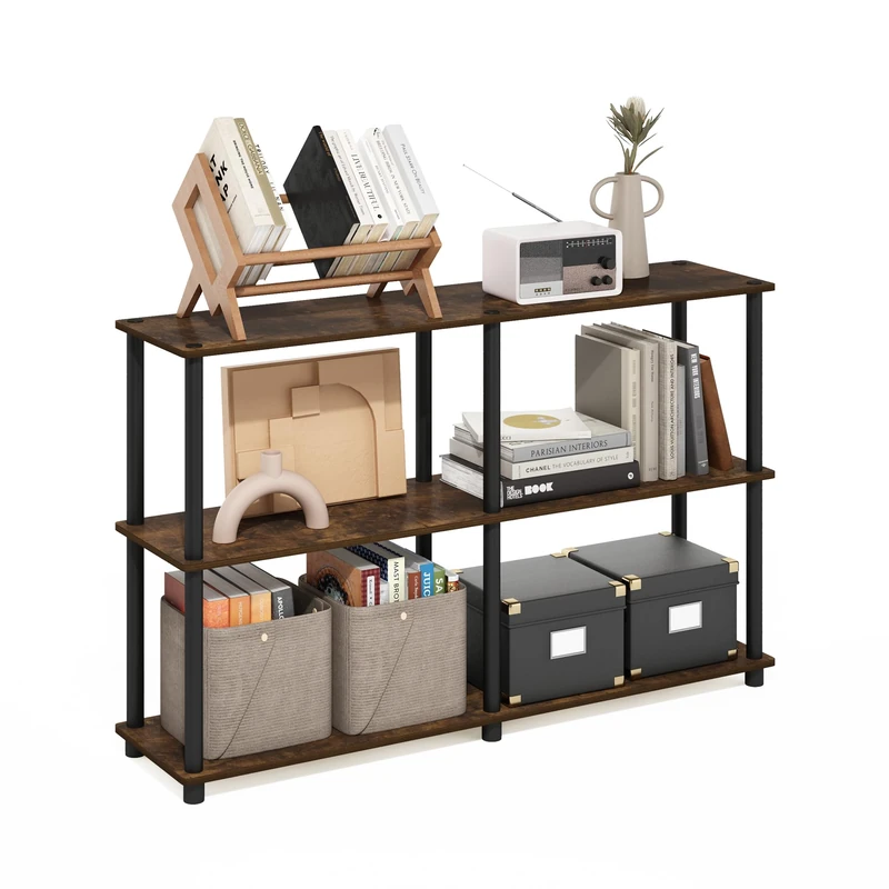 Furinno TURN-N-TUBE Storage Shelves, 3-Tier 47.4 Wide Book Shelf, Corner Shelf, Toolless Open Shelves, for Organization and Storage, Living Room, Garage, Home Office, Amber Pine