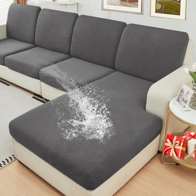 NAISI Waterproof Couch Cushion Covers Thick Velvet Fabric Washable Sofa Slipcovers Sectional Couch Covers for 4 Pieces Separate L Shape Couch Cover with Elastic Bottom(3 Seater + 1 Chaise,Grey)