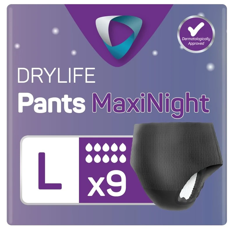 Drylife Pants Maxi Night Disposable Pull-Up Unisex Incontinence Pants - 3000ml Absorbency, Overnight Protection, Anti-Leak Security, Breathable Material - Large (1 Pack of 9)