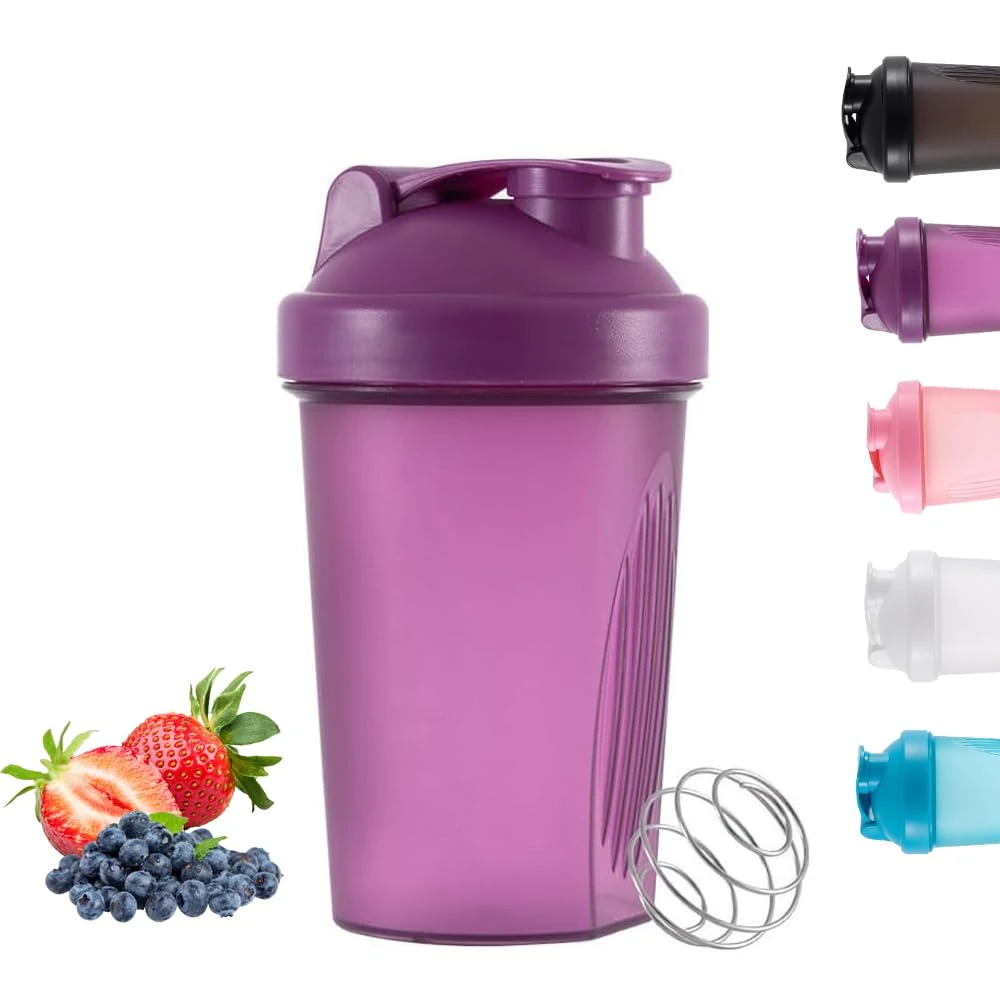 Protein Shaker Bottle, Shaker with Stainless Steel Mixing Ball, BPA- and DEHP-free, Dishwasher Safe, Leakproof Flip On Lid, Black, 400 ml(Purple)