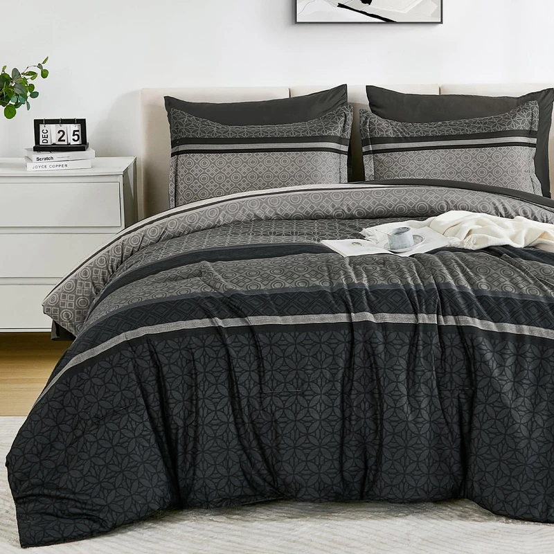 WONGS BEDDING 7 Pieces Comforter Set King Size, Dark Grey Black Striped Bed in a Bag Comforter and Sheet Set, Minimalist Geometric Soft Lightweight Micorfiber Bedding Set for All Season (90"×104")