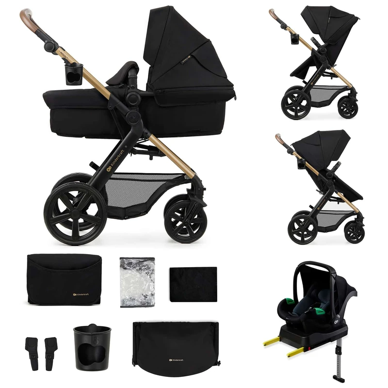 Kinderkraft MOOV 2 4-in-1 Pushchair Travel System, 2-in-1 carrycot/Stroller, Mink PRO i-Size car seat 40-75cm, ISOFIX Base, Puncture-Resistant Wheels, UPF50+ Hood, Accessories, Black