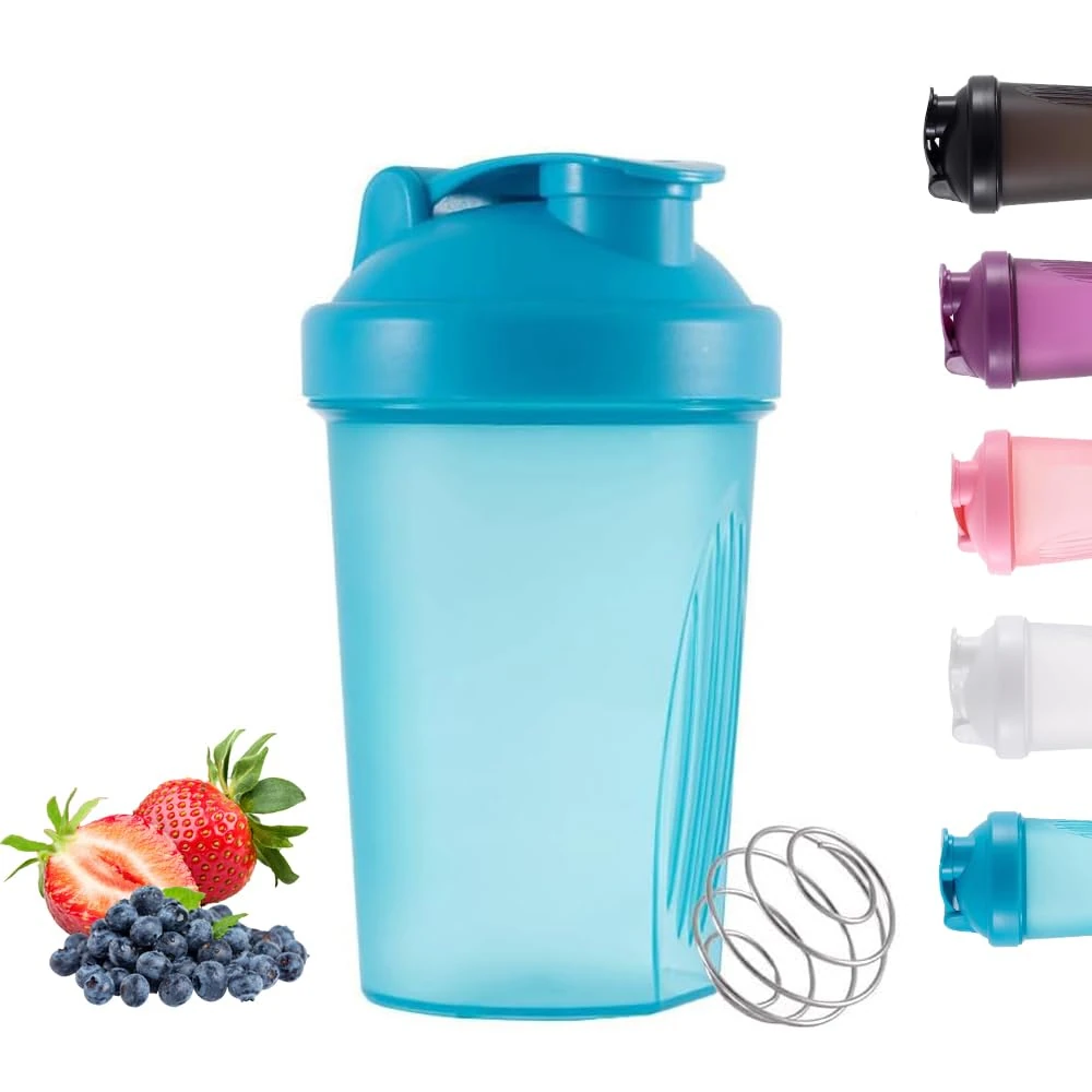 Basuit Protein Shaker Bottle, Shaker with Stainless Steel Mixing Ball, BPA- and DEHP-free, Dishwasher Safe, Leakproof Flip On Lid, Black, 400 ml(Blue)