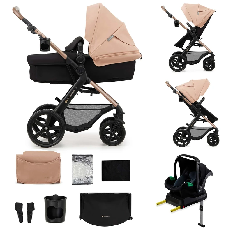 Kinderkraft MOOV 2 4-in-1 Pushchair Travel System, 2-in-1 carrycot/Stroller, Mink PRO i-Size car seat 40-75cm, ISOFIX Base, Puncture-Resistant Wheels, UPF50+ Hood, Accessories, Beige