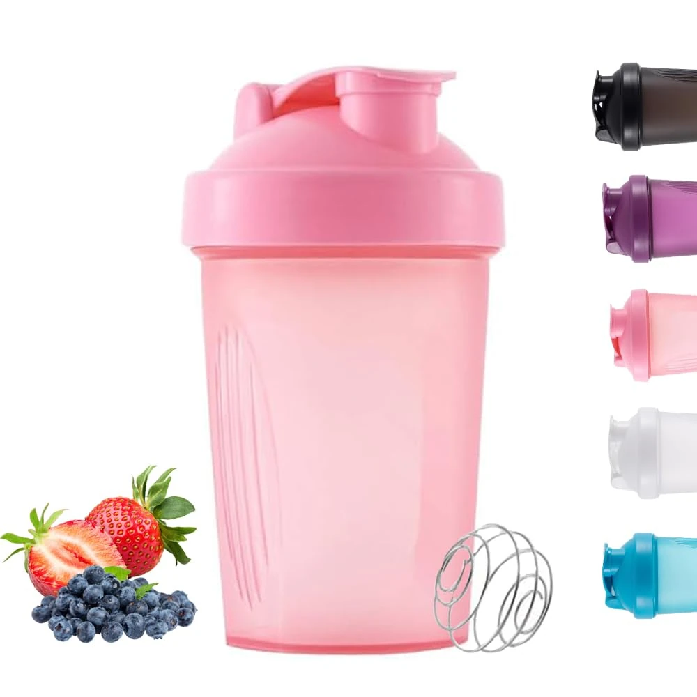 Protein Shaker Bottle, Shaker with Stainless Steel Mixing Ball, BPA- and DEHP-free, Dishwasher Safe, Leakproof Flip On Lid, Black, 400 ml(Pink)