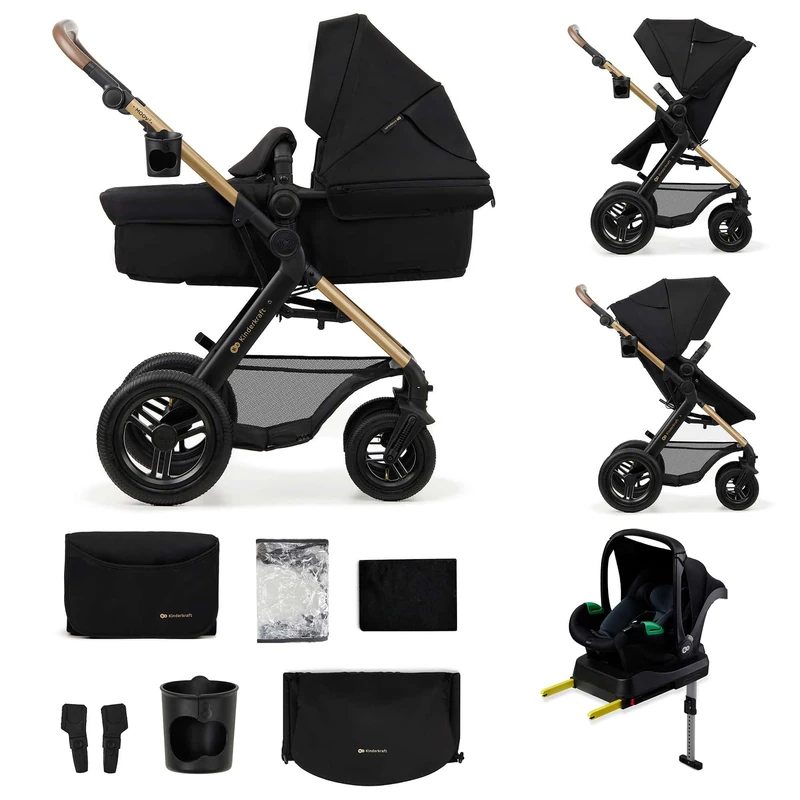 Kinderkraft MOOV2 AIR Pram 4 in 1 Set, with Infant Car Seat with Isofix Base Mink PRO I-Size, Travel System, Baby Pushchair, Buggy, Foldable, from Birth to 22 kg, Inflatable Wheels, Black