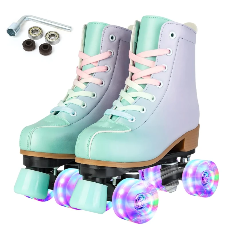 XUDREZ Roller Skates for Girl Women Roller Derby Skates Adult Light Up Double Row Adjustable Roller Skates PU Skates Shoes for Kid Beginner Outdoor (Green purple flashing wheel 34)