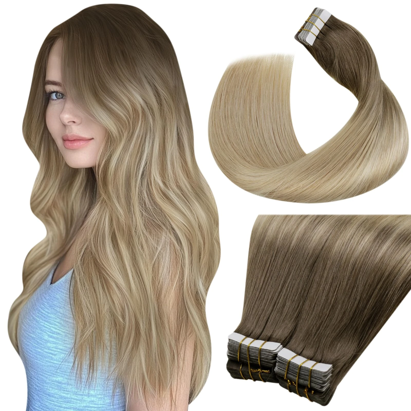 LaaVoo Tape in Hair Extensions Human Hair 100g 40pcs 22 Inch Balayage Brown to Blonde Tape Hair Extensions Real Human Hair Invisible Tapes Remy Straight Hair Double Sided Tabs #8/18/60