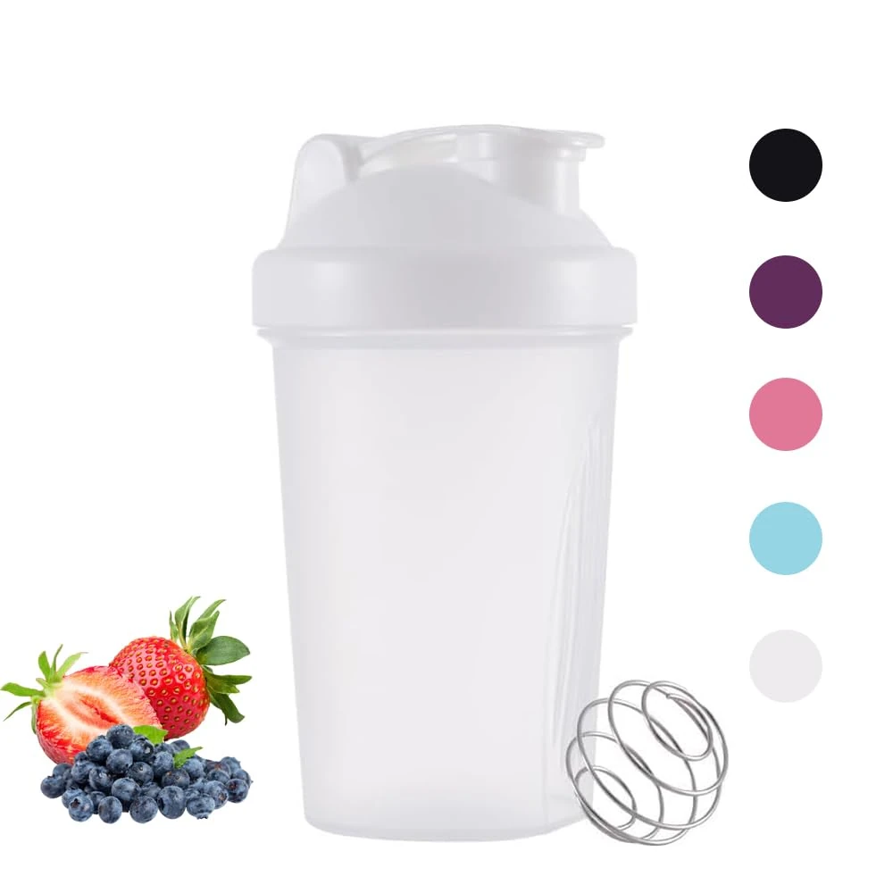 Basuit Protein Shaker Bottle, Shaker with Stainless Steel Mixing Ball, BPA- and DEHP-free, Dishwasher Safe, Leakproof Flip On Lid, Black, 400 ml(White)