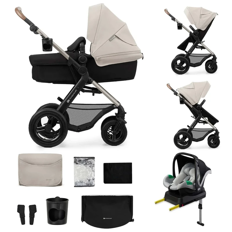Kinderkraft MOOV 2 AIR 4 in 1 Set, Pram with Infant Car Seat with Isofix Base Mink PRO I-Size, Travel System, Baby Pushchair, Buggy, Foldable, from Birth to 22 kg, Inflatable Wheels, Gray