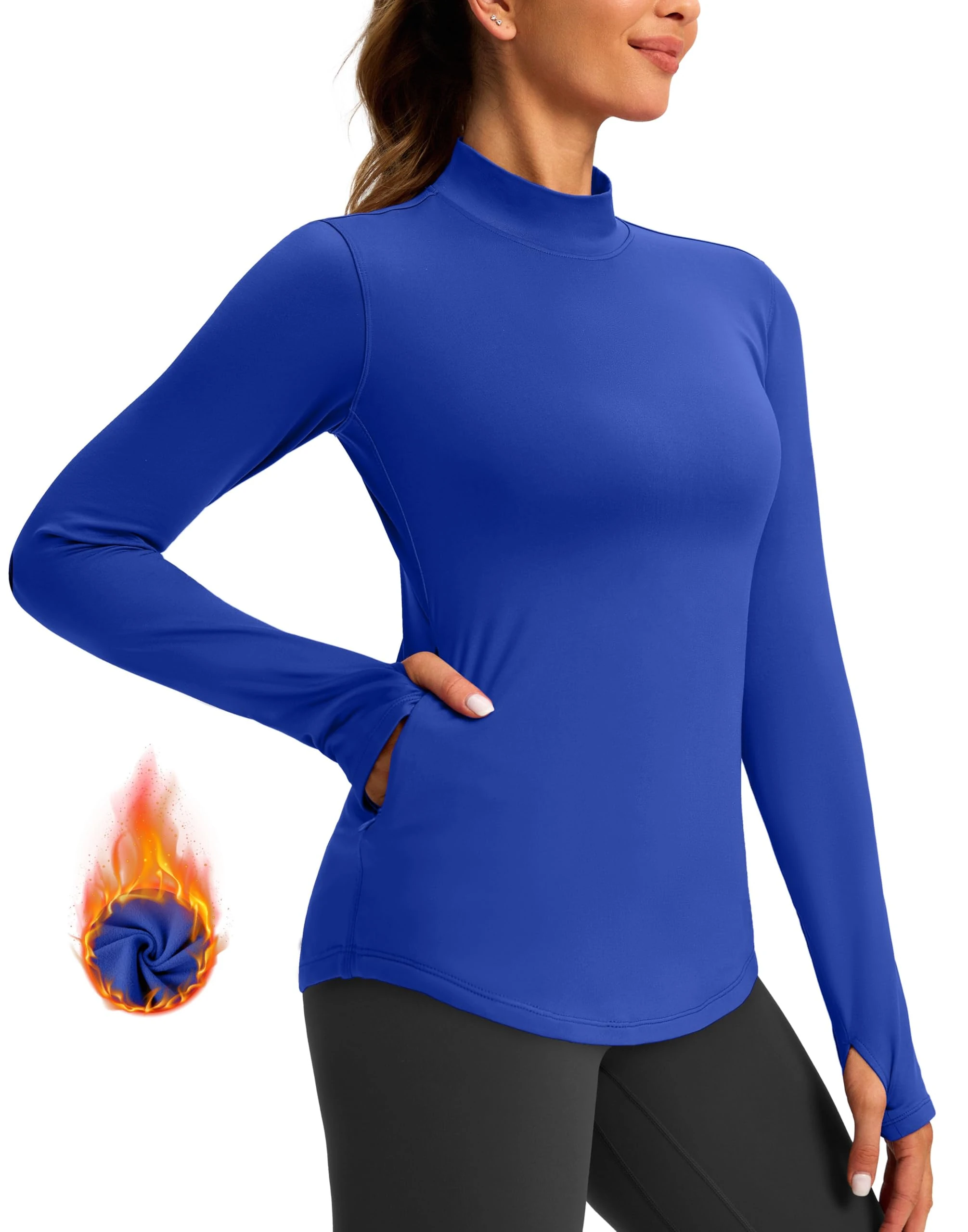 Thermal Shirts for Women Long Sleeve Mock Neck Fleece Tops Running Workout Cold Weather Gear with Zip Pocket, Royal Blue, M