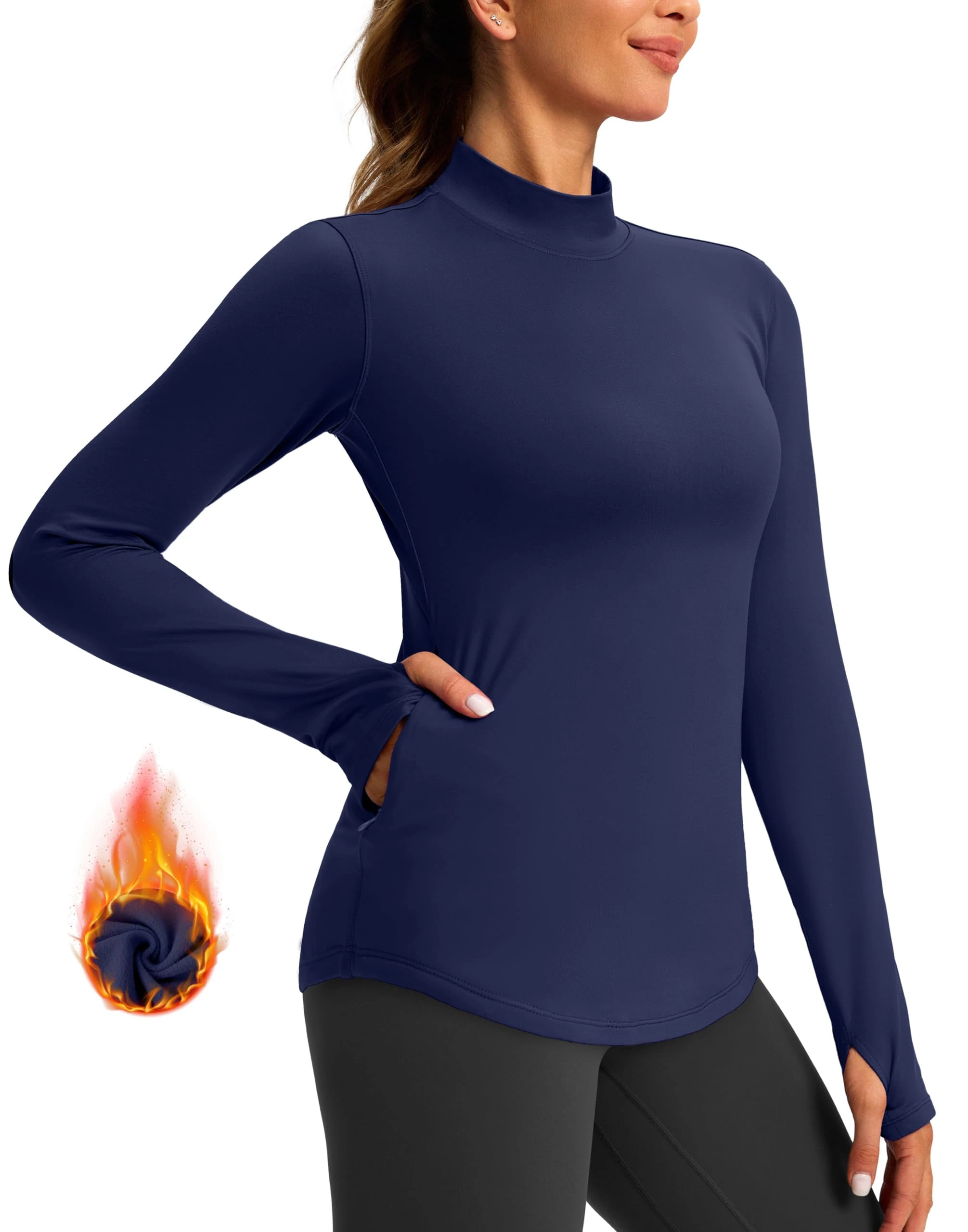 Thermal Shirts for Women Long Sleeve Mock Neck Fleece Tops Running Workout Cold Weather Gear with Zip Pocket, Navy, XXL
