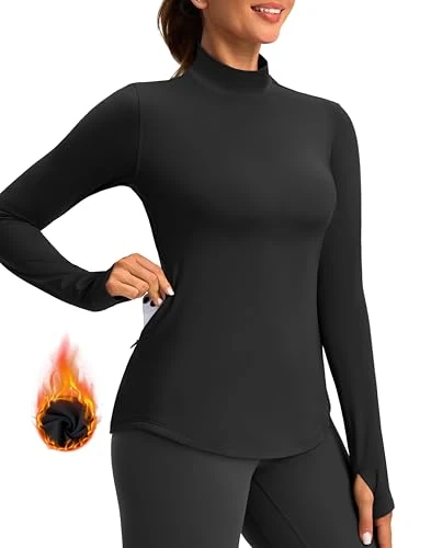 Thermal Shirts for Women Long Sleeve Mock Neck Fleece Tops Running Workout Cold Weather Gear with Zip Pocket, Black, M
