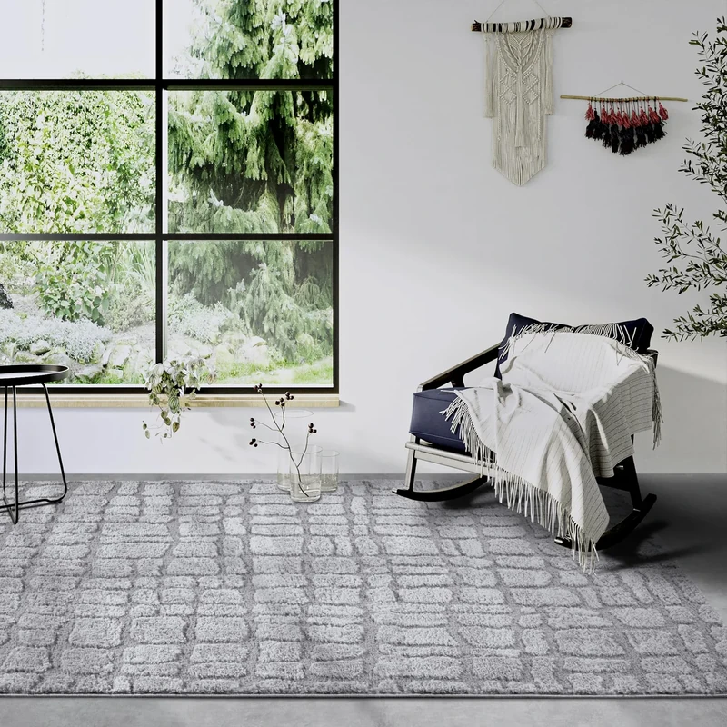 Elle Decor ation High Pile Artistique Rug, Modern Living Room Rug, Long Pile Shaggy, Modern Pattern, Fluffy Soft Boho for Living Room, Bedroom, Light Grey, 160 x 235 cm
