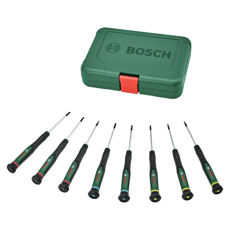 Bosch Precision Screwdriver Set 8-Piece (Extra-Hard S2 Steel Screwdrivers for DIY, Modelling and Handycraft; Precise and Magnetic Tip; PH/TX/SL; Colour-Coded Size; Softgrip)
