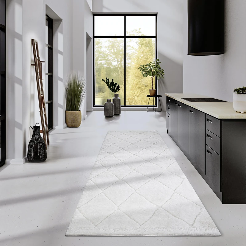 Elle Decor ation High Pile Perrotin Rug, Modern Living Room Rug Runner, Long Pile Shaggy, Modern Pattern, Fluffy, Soft Boho for Living Room, Bedroom, Cream White, 80 x 240 cm