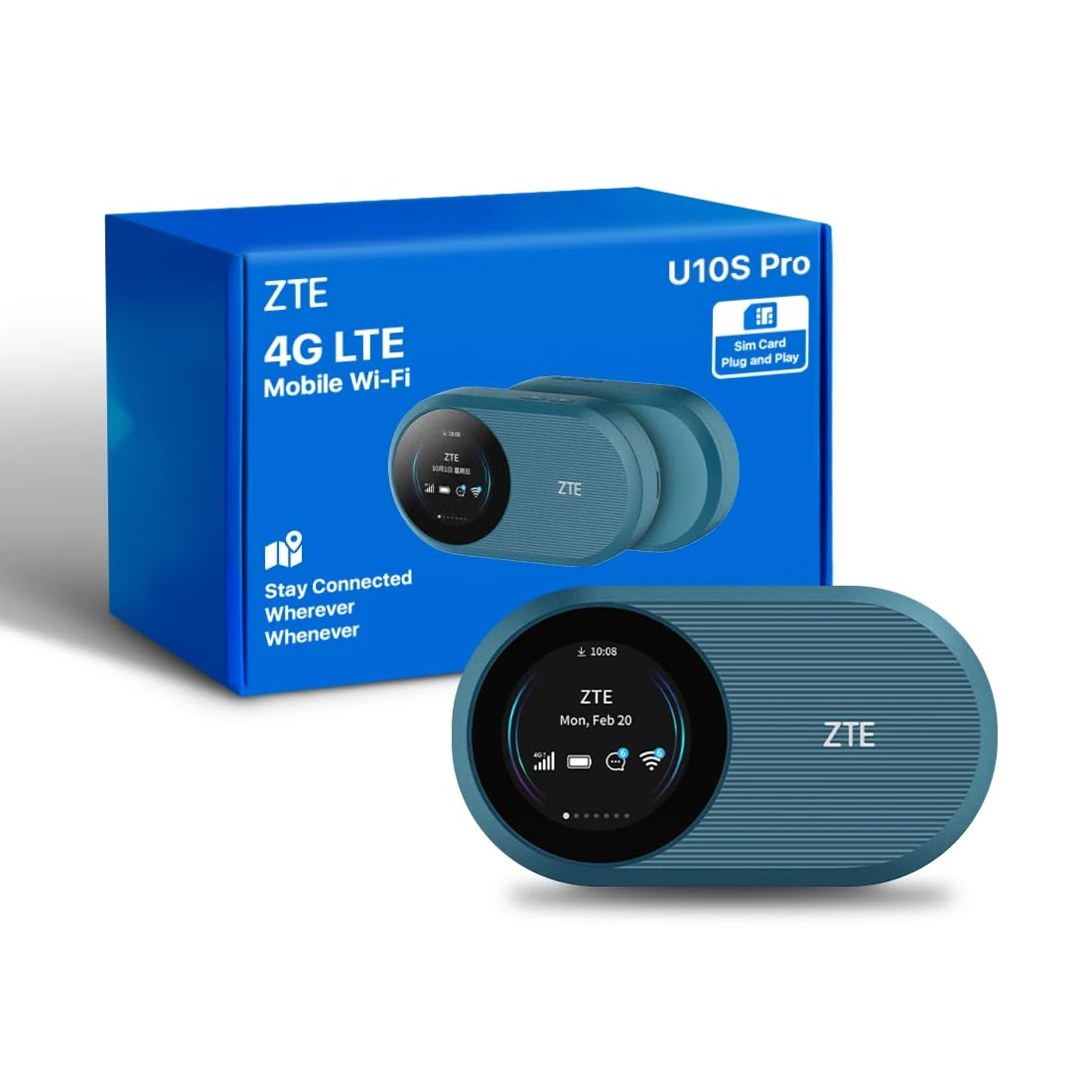 ZTE U10S Pro Blue, 4G MiFi Router, portable travel Wi-Fi, lowcost, SIM slot unlocked, connects 32 Devices, 3000mAh 10hr Battery life, roams on all world networks, no configuration required