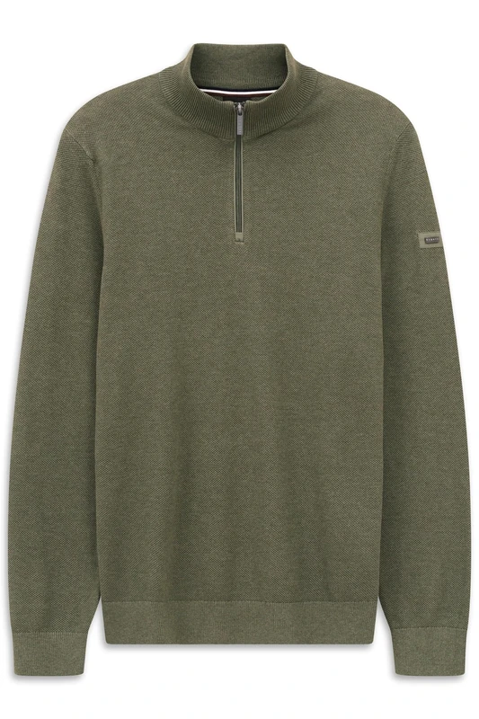 bugatti Men's Troyer Knitted Jumper Stand-Up Collar Short Zip Basic, 180-Olive, 3XL