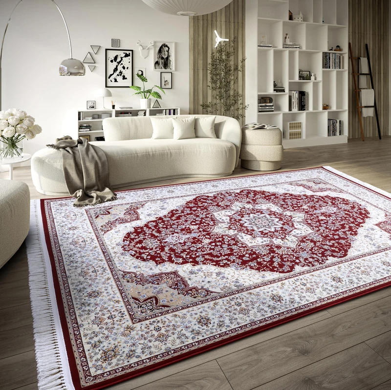 Villeroy & Boch Etienne Short Pile Rug, Oriental Living Room Rug, Densely Woven with Fringes, Classic Rug for Living Room, Bedroom, Dining Room, Hallway, Red Cream, 155 x 235 cm - Image 1
