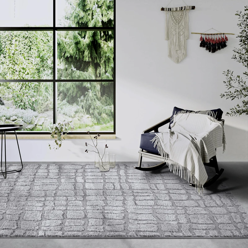 Elle Decor ation High Pile Artistique Rug, Modern Living Room Rug, Long Pile Shaggy, Modern Pattern, Fluffy Soft Boho for Living Room, Bedroom - Light Grey, 120 x 170 cm