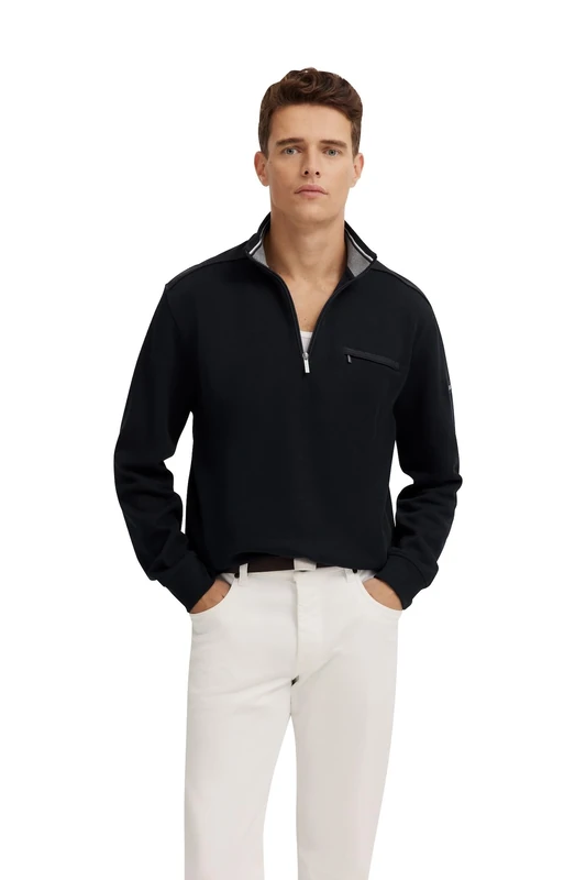 bugatti Men's Sweatshirt Troyer Chest Pocket Cotton, 390-navy, L