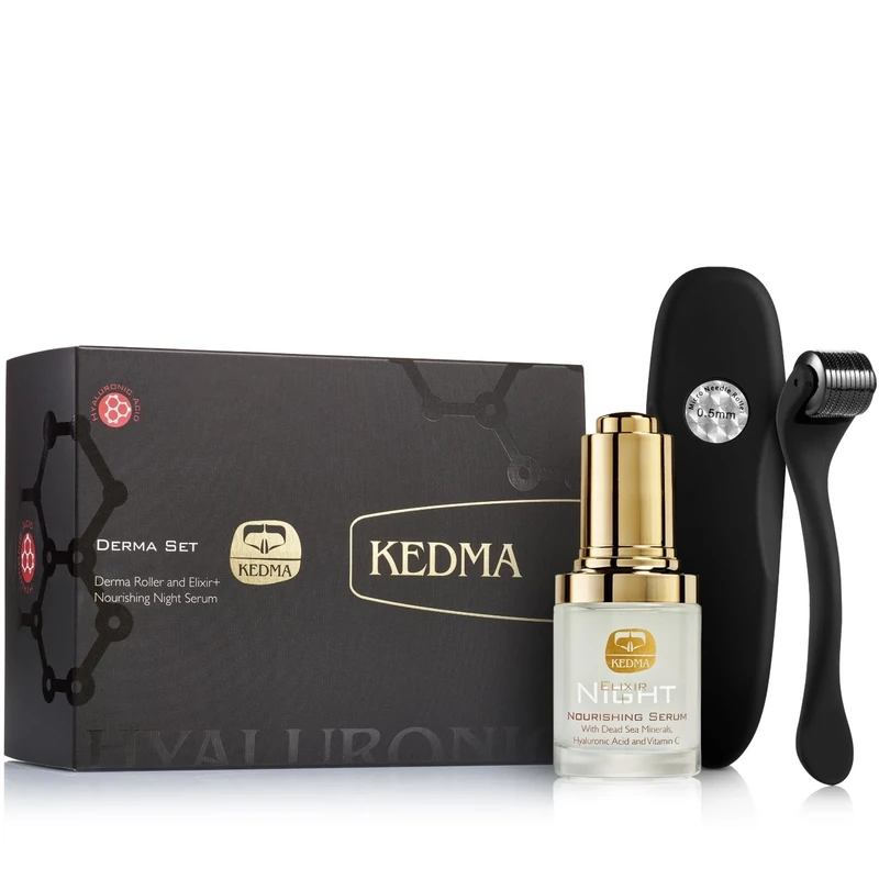Kedma - Dermaroller and Night Hydrating Serum Set - Collagen Stimulation and Radiance - With Hyaluronic Acid and Vitamin C - 1 Set