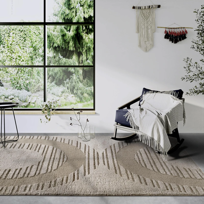 Elle Decor ation Bartoux High Pile Rug, Modern Living Room Rug, Long Pile Shaggy, Modern Pattern, Fluffy Soft Boho for Living Room, Bedroom - Beige, 120 x 170 cm