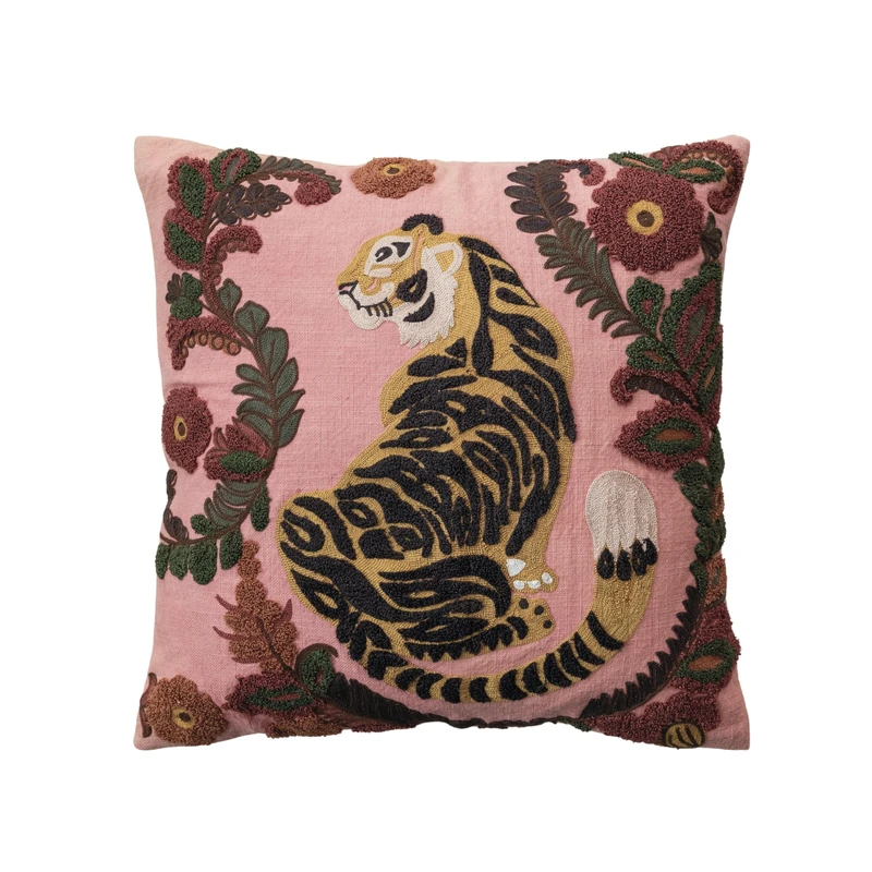 Creative Co-op, Multicolor Embroidered Tiger and Flowers Cotton Slub Pillow - Image 1