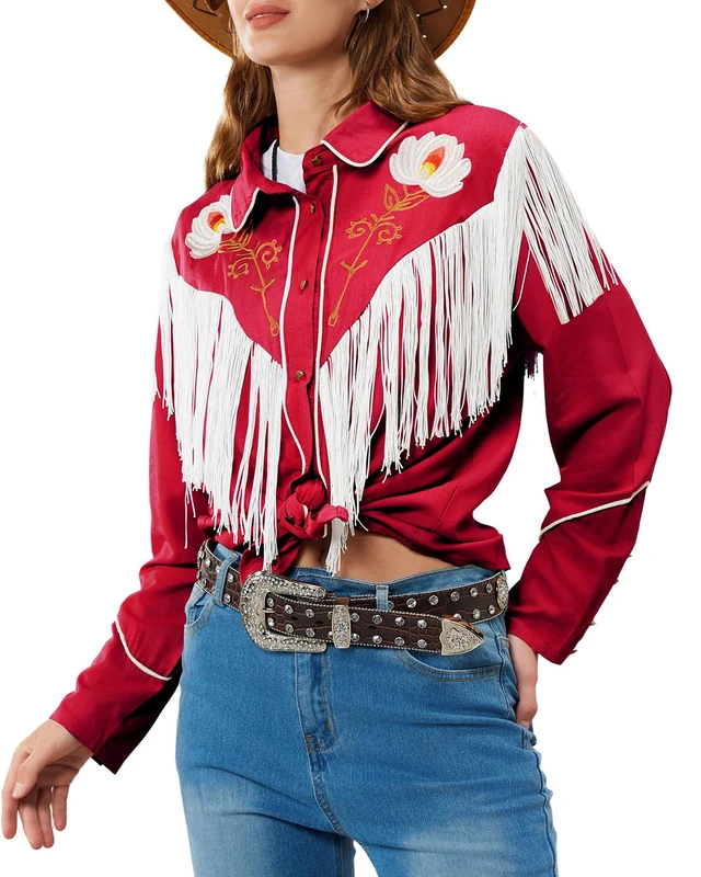 John Moon Women's Floral Embroidered Fringe Western Shirts Rodeo Cowgirl Button Down Blouse Tops Country Style Outfits, Red, L