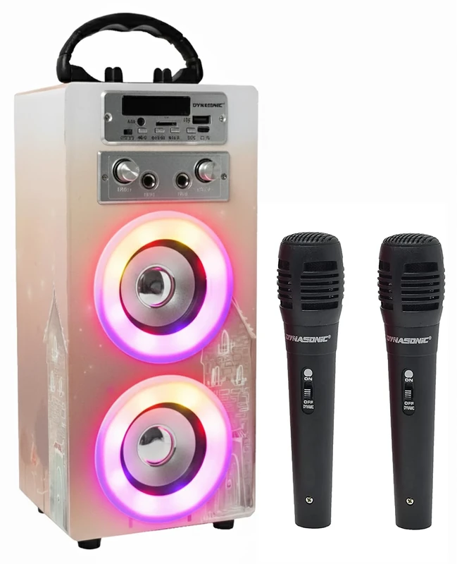 DYNASONIC Karaoke Machine with 2 Microphones, Portable Bluetooth Speaker with Lights, USB and SD Reader, Gift for Children (Model 19)