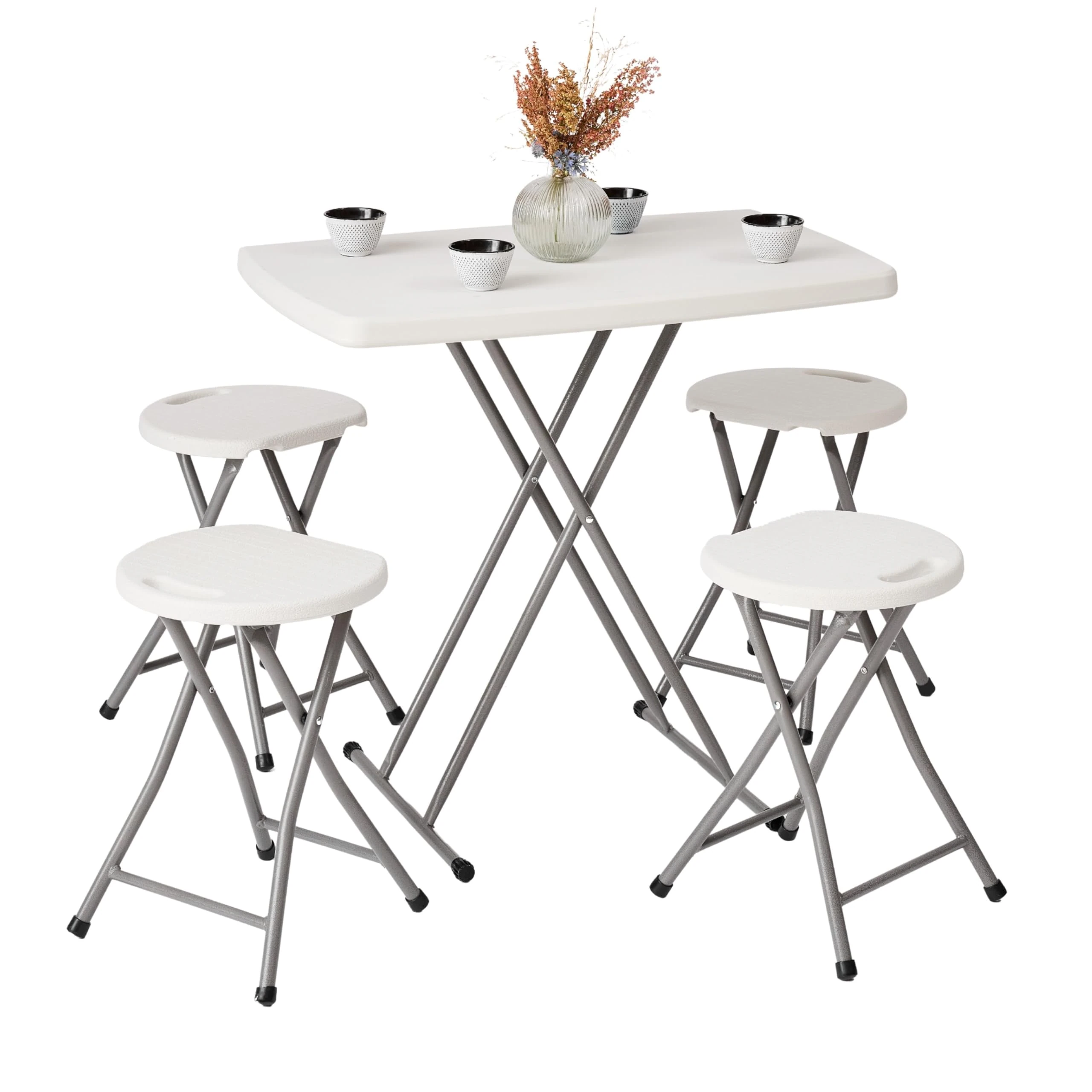 Small Folding Table & Folding Stool Set - Portable, Lightweight Height Adjustable Table and Foldable Stool with Built-in Handle & Protective Feet - Ideal for Kitchen, Desks, Camping & Extra Seating