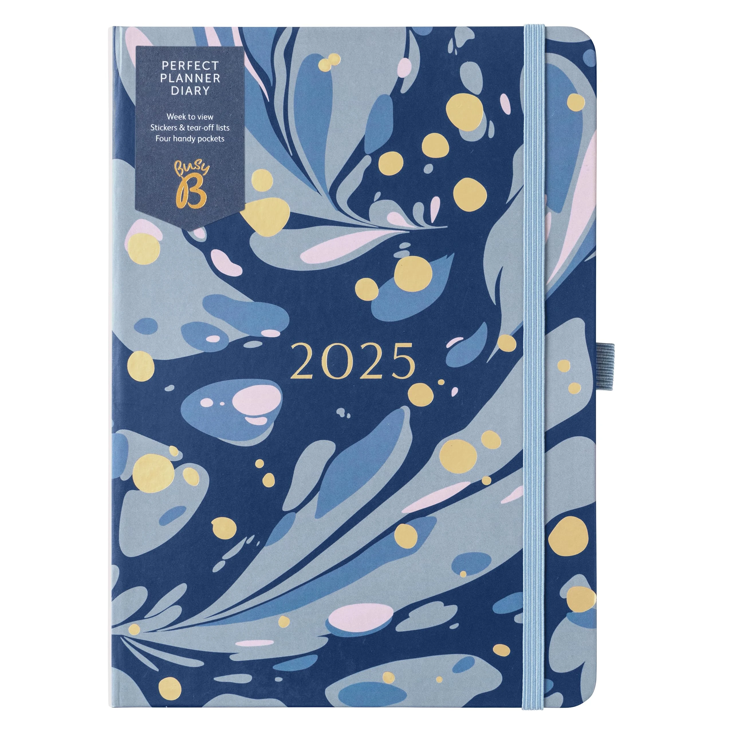 Busy B 2025 Weekly Diary Planner with Navy Marble Cover - A5 Daily Life Organiser, Jan-Dec - Pockets, Stickers & Notes Pages - Compact Design for Work, Home & School Planning