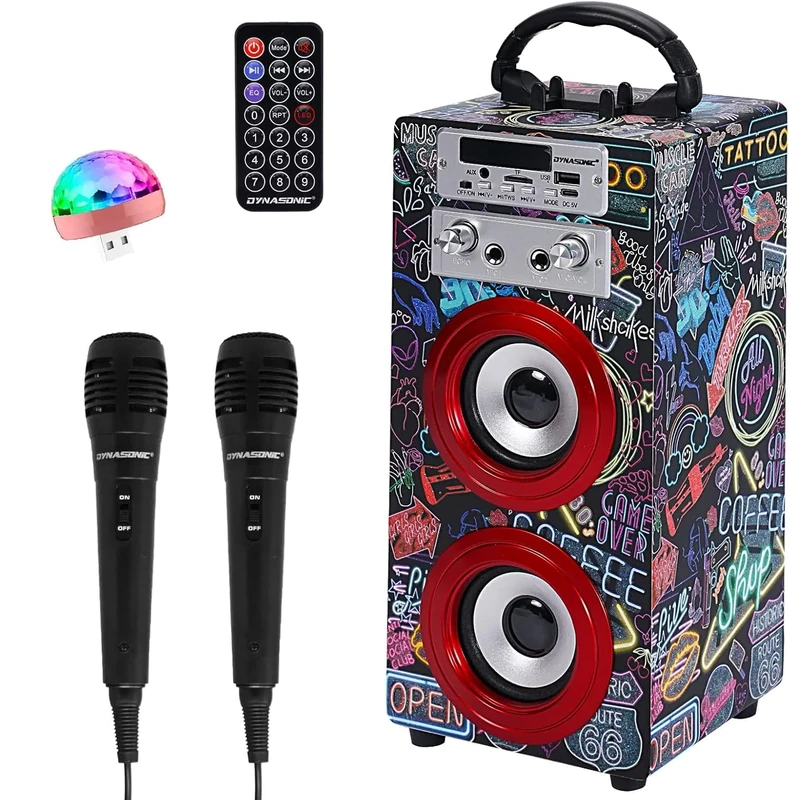 DYNASONIC Karaoke Machine with 2 Microphones, Portable Bluetooth Speaker with Lights, USB and SD Reader, Gift for Children (Model 21 lights)