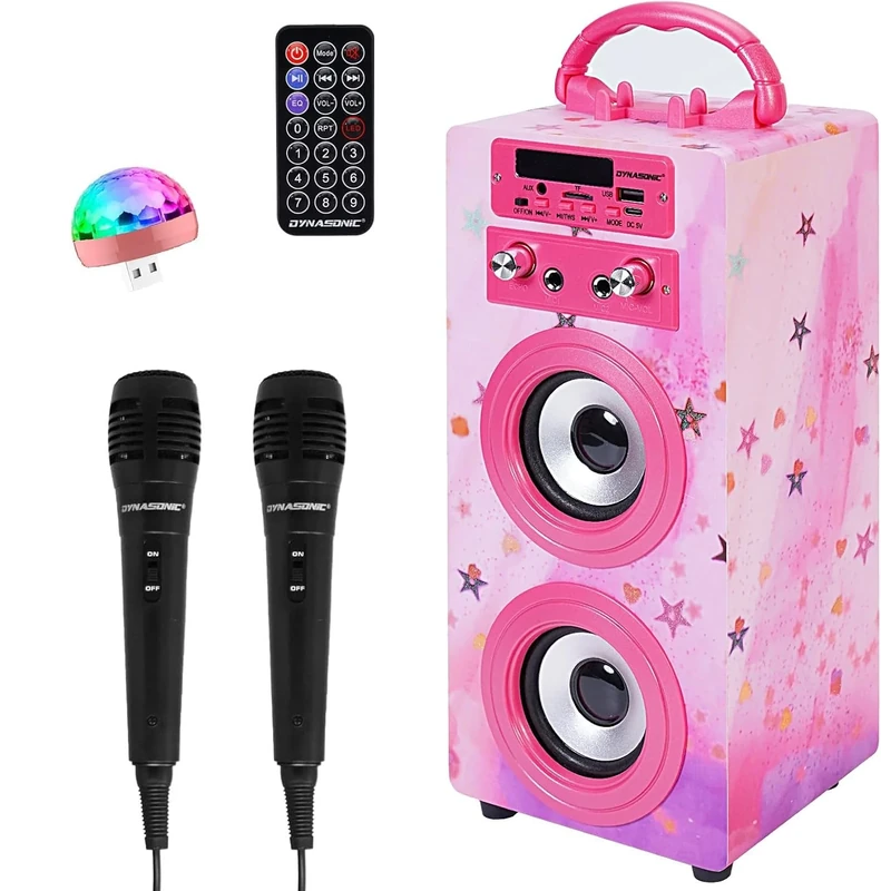DYNASONIC Karaoke Machine with 2 Microphones, Portable Bluetooth Speaker with Lights, USB and SD Reader, Gift for Children Ages 5-13 (Model 15 lights)