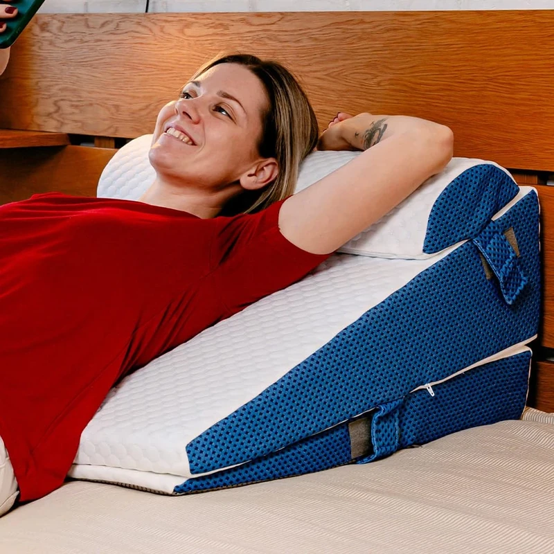 Ritalia Bed Wedge Pillow | 60x60x30cm, White-Blue, Memory Foam & Bamboo | Cooling Gel, Removable Washable Cover, Anti-Slip Base | Back Support for Bed, Reading Cushion