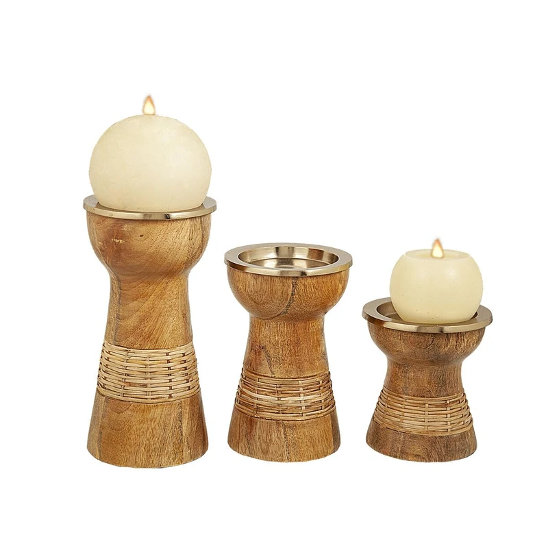 Romimex Set of Tealight Holders Brown Golden Wood Metal 10 x 10 x 10 cm 10 x 10 x 20 cm 10 x 10 x 16 cm 3 Pieces - Image 1