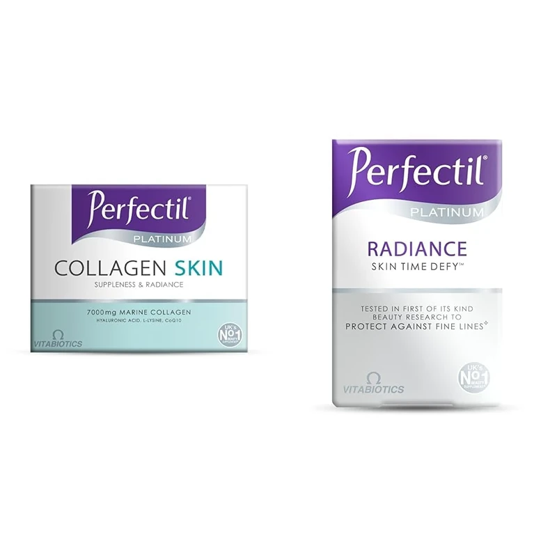 Bundle of Perfectil Platinum Collagen Drink Supplement for Women Skin - 10 x 50 ml vials + Perfectil Platinum Skin Radiance Tablets with Time-Defy Complex, by Vitabiotics