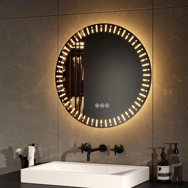 EMKE Round bathroom mirror with LED backlight, diameter 50 cm, with anti-fog+touch switch+3 variable light colours, fashionable round decorative mirror, bathroom mirror