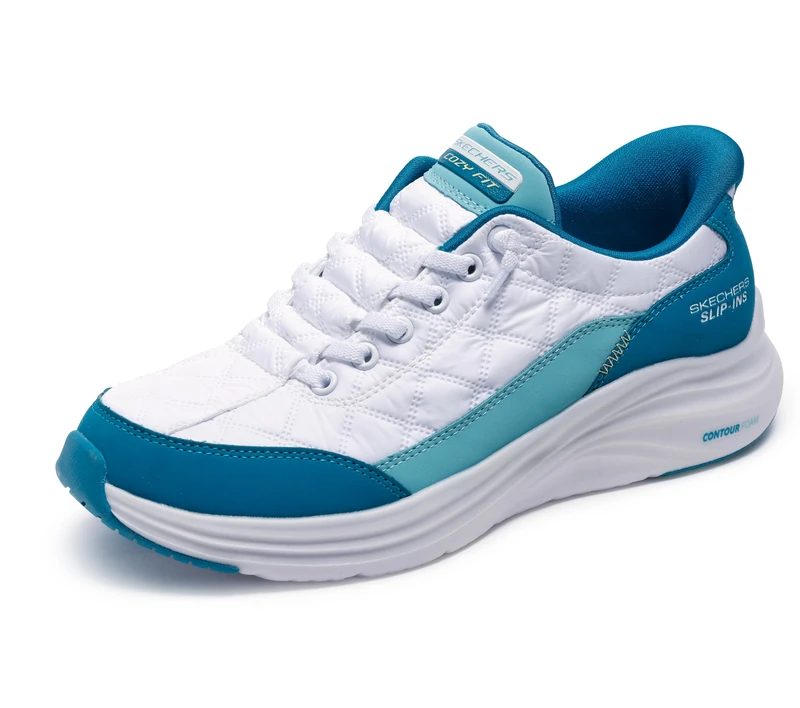 Skechers Women's Contour Foam Cozy Fit Hands Free Slip-ins Sneaker, White/Turq, 8.5