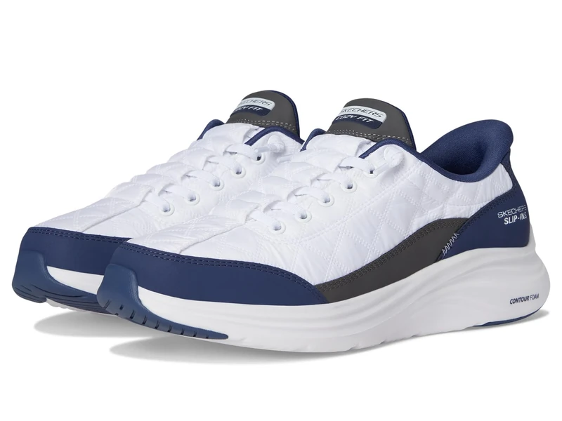 Skechers Women's Contour Foam Cozy Fit Hands Free Slip-ins Sneaker, White/Navy, 3.5 UK