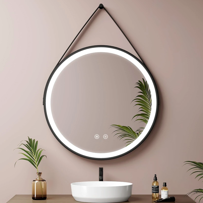 EMKE Round Bathroom Mirror 60 cm, Round Wall Mirror with Light, Touch Switch and Anti-Fog Function, Cool White Light 6500K, Black Frame and Adjustable Strap